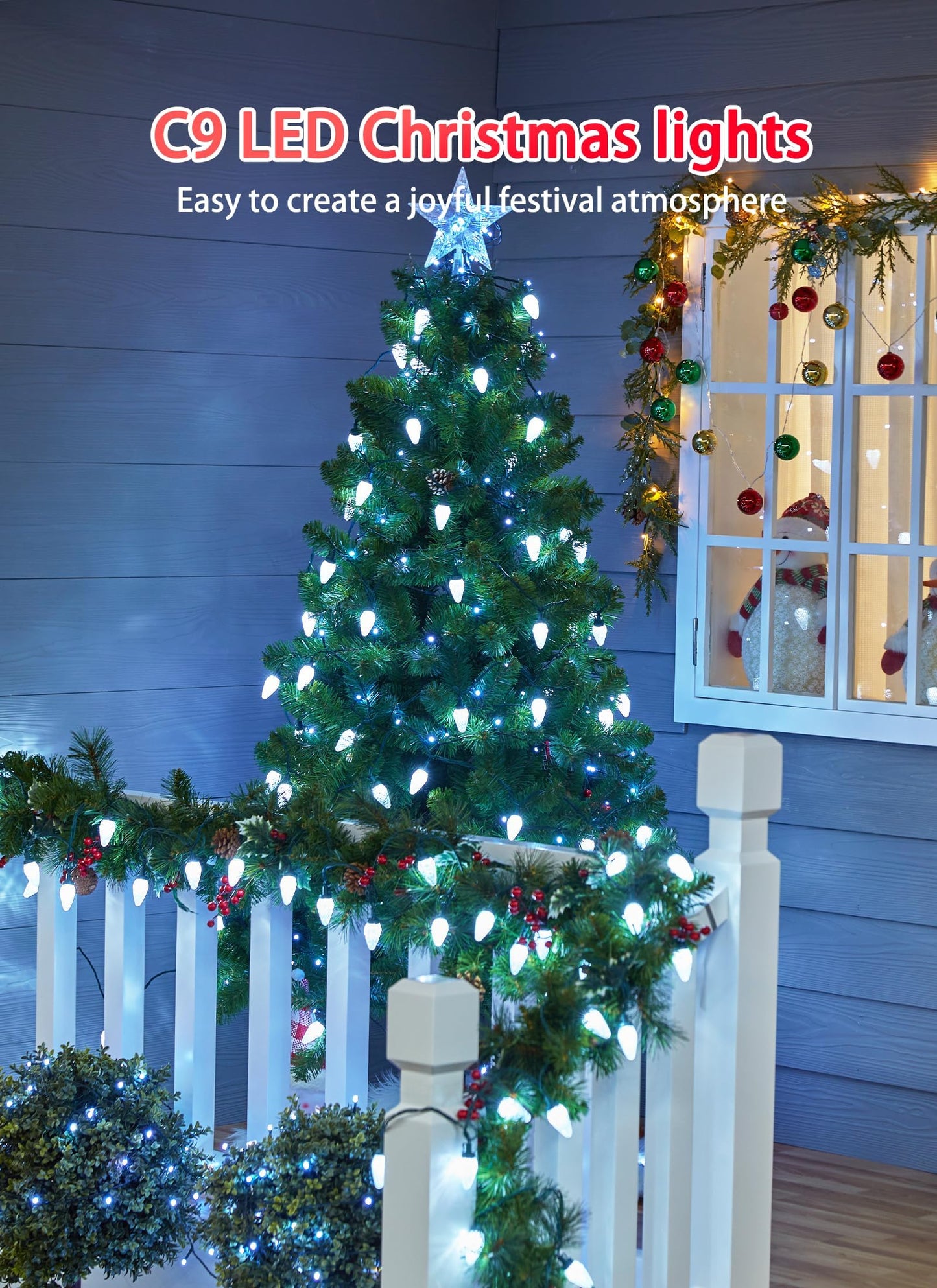 C9 Christmas Lights Outdoor 114 Feet 150 Led C9 String Light With Timer & 8 Light Modes Waterproof Commercial Grade Connectable Christmas Tree Lights For House Indoor Outside Roofline Pure White
