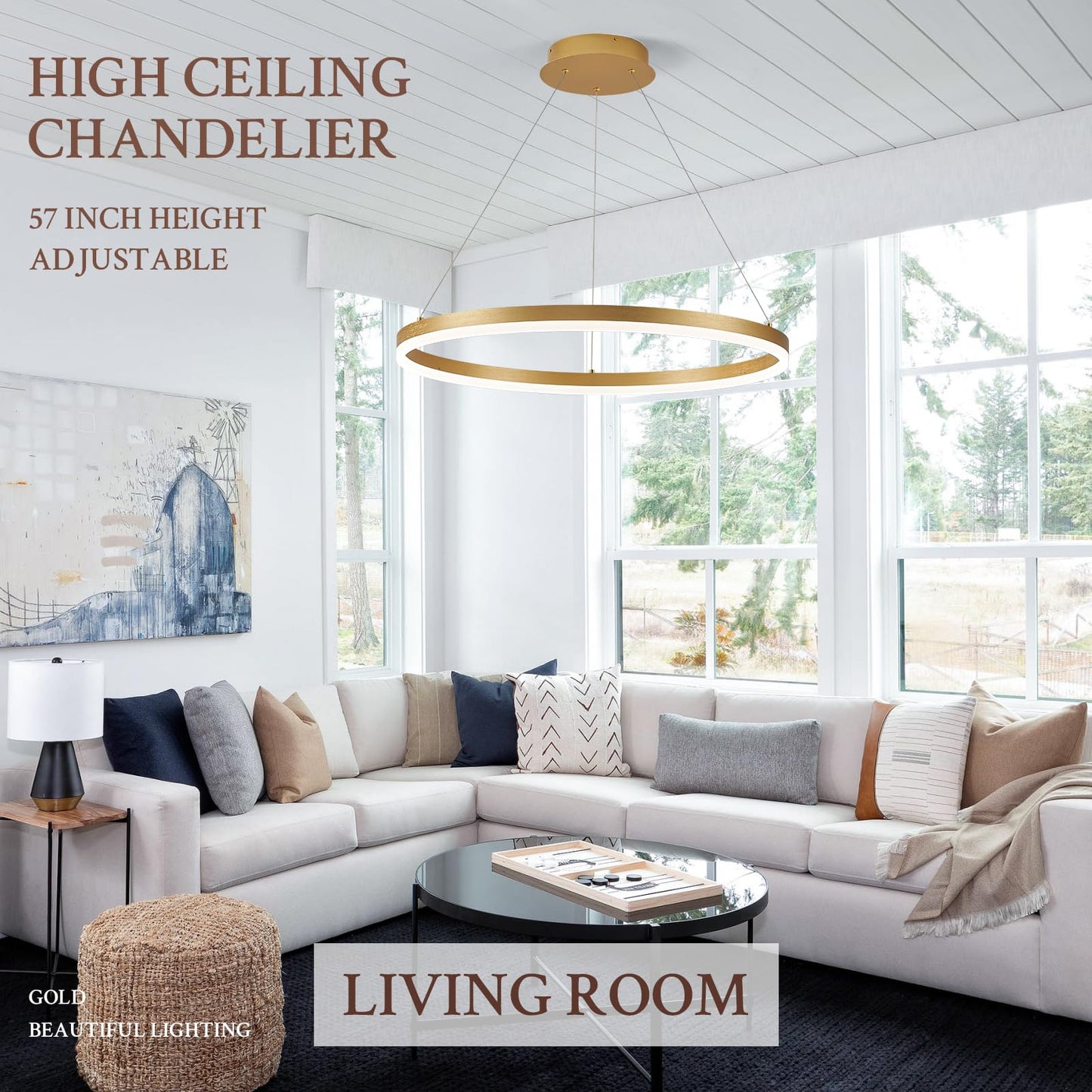 Sparklelf Modern Led Pendant Lighting 24 Ring Chandelier Gold Dimmable Led Chandelier For Dining Room 36W Adjustable Pendant Light Fixture For Living Room Bedroom Home Office Foyer 3000-6500K