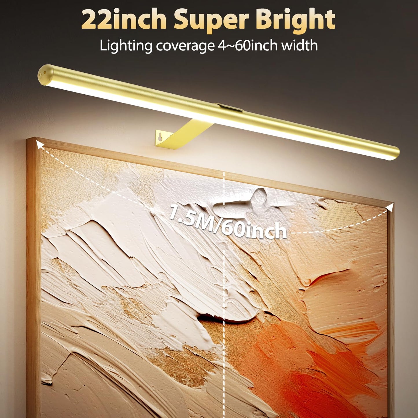TINTINDOC 22'' Picture Light Gold for Painting with 3 Lighting,Rechargeable Wall Art Light for Painting Brightness Dimmable,Battery Display Accent Light for Picture Gallery Poster Frame Dartboard