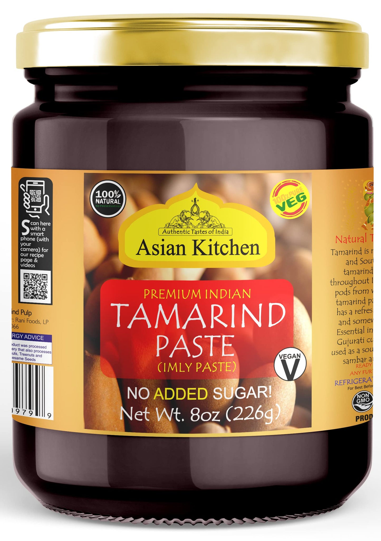 Asian Kitchen Tamarind Paste Puree (Imli) 8oz (227g) Glass Jar, Gluten Free, No Added Sugar ~ All Natural | Vegan | Non-GMO | No