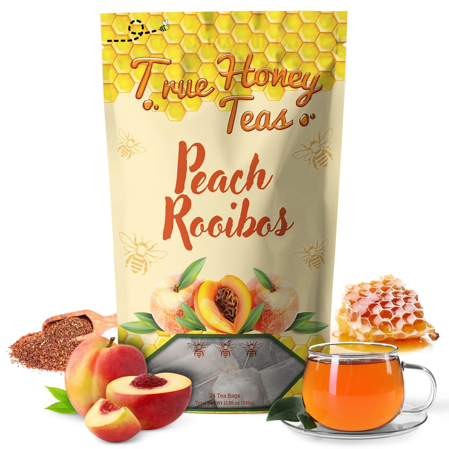 True Honey Teas Peach Rooibos Herbal Tea Bags - Organic, Caffeine-Free, Blended with Honey Crystals, 24 Count