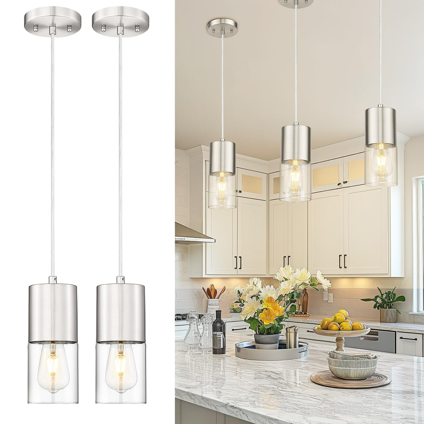 Audickic 2-Pack Pendant Lights Kitchen Island, Brushed Nickel Hanging Lights Fixtures with Cylinder Clear Glass, Industrial Kitc