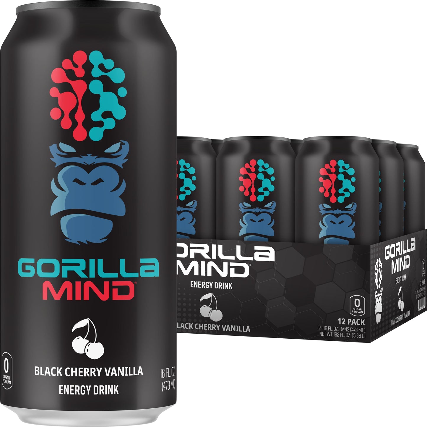 Gorilla Mind Energy Drink | Unmatched Energy Amplified Focus | N-Acetyl-L-Tyrosine Alpha-GPC 200mg Caffeine Uridine Saffron | 0 Sugar Or Artificial Colors | 16oz 12-Pack (Black Cherry Vanilla)