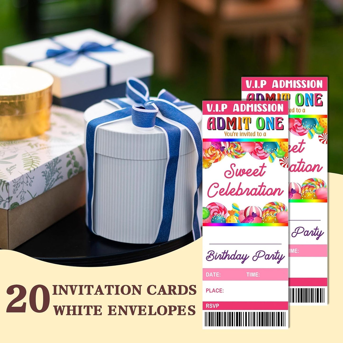 20 Candy Party Ticket Invite Cards-Sweet Celebration Birthday Invitation with Envelopes for Kids Girls Boys-Pink Candy Birthday Cards-Party Favor & Supplies (3×8 inch)-A26