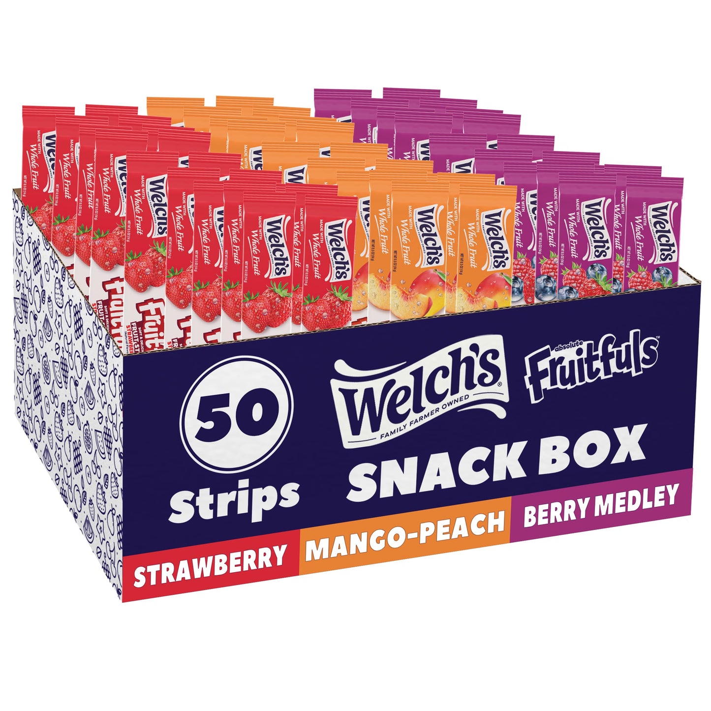 Welchs Absolute Fruitfuls Fruit Strips Tasty Dried Fruit Snacks for School Lunches Berry Medley Mango Peach Strawberry 0.5oz (Pack of 50)