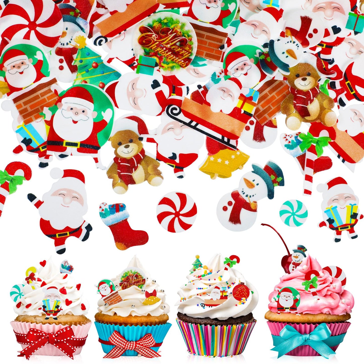 Gersoniel 150 Pieces Edible Christmas Cake Decorations Cupcake Topper Edible Christmas Wafer Stand Up Discs Birthday Cake Cupcak