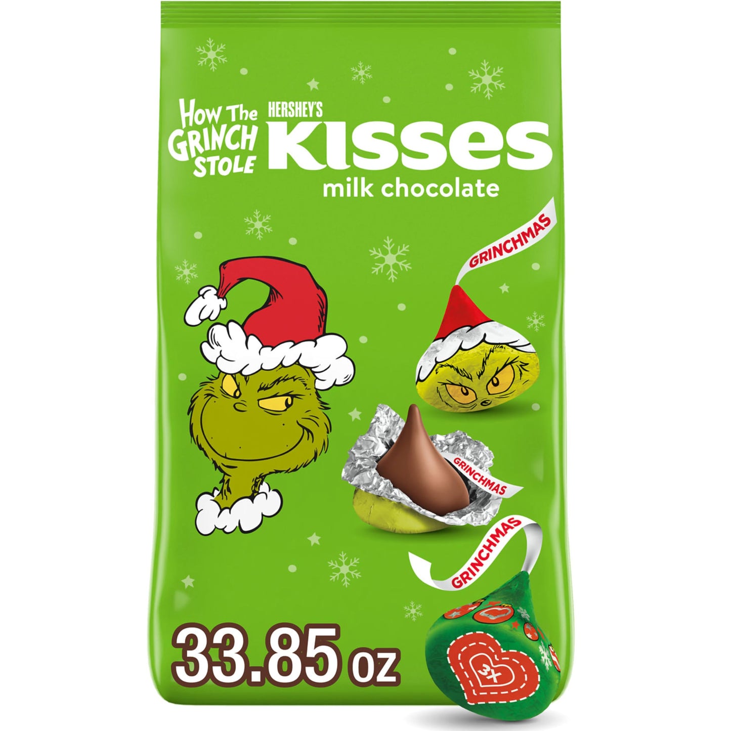 HERSHEYS KISSES Grinch Milk Chocolate Christmas Candy Bulk Bag 33.85 oz