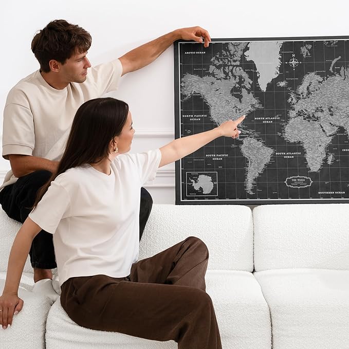 Canvas World Map with Cork Pin Board - English Lettering - Decorative Wall Decoration for All Rooms - Canvas Pictures with World Map Motif (70x50 cm, Pattern 7)