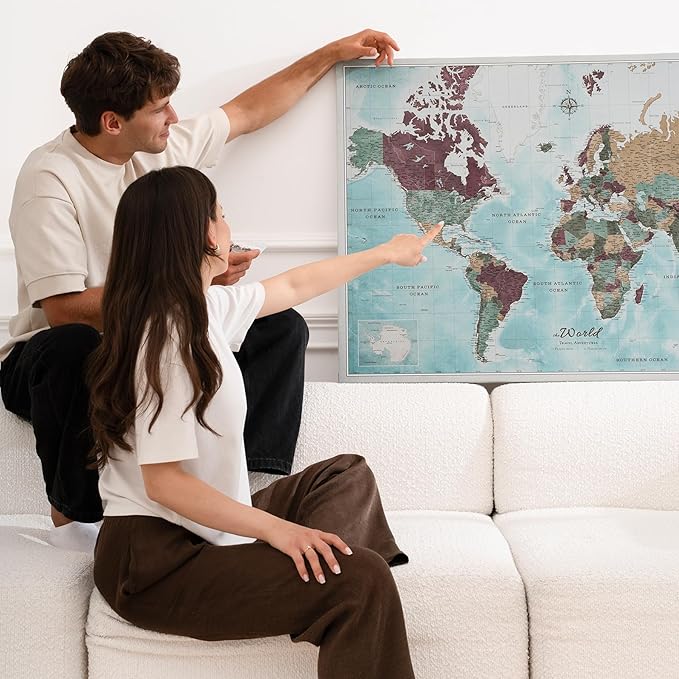 Canvas World Map with Cork Pin Board - English Lettering - Decorative Wall Decoration for All Rooms - Canvas Pictures with World Map Motif (120x80 cm, Pattern 11)