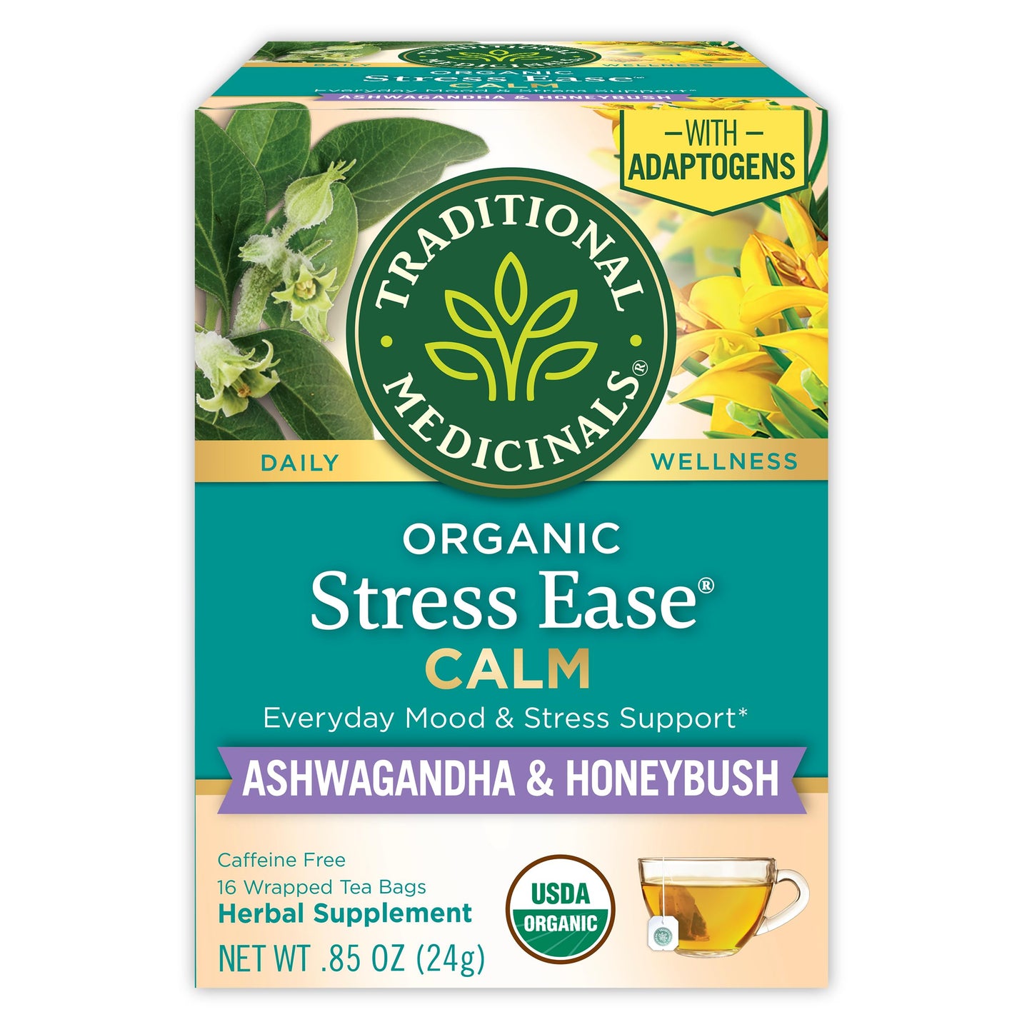 Traditional Medicinals Organic Stress Ease Calm with Adaptogens Ashwagandha & Honeybush - Promotes Relaxation - Kosher Non-GMO Caffeine-Free Compostable - 16 Tea Bags