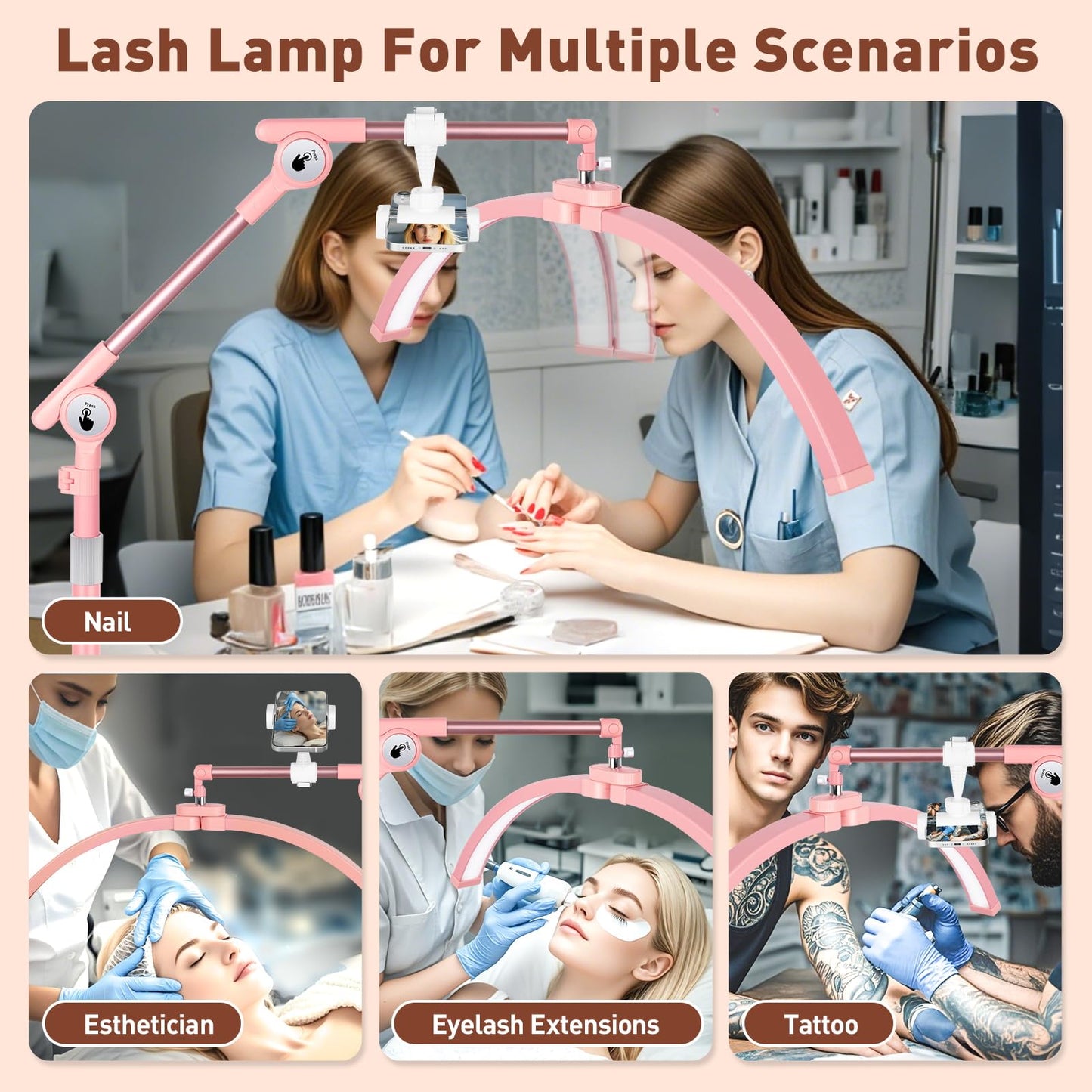 Hitti Half Moon Light For Eyelash Extensions Tattoo Artists 2025 New Upgrad Led Lash Tech Light With 4 Wheel Rolling Base Large Floor Lamp 5 Color Modes Stepless Dimming & Phone Holder-Pink
