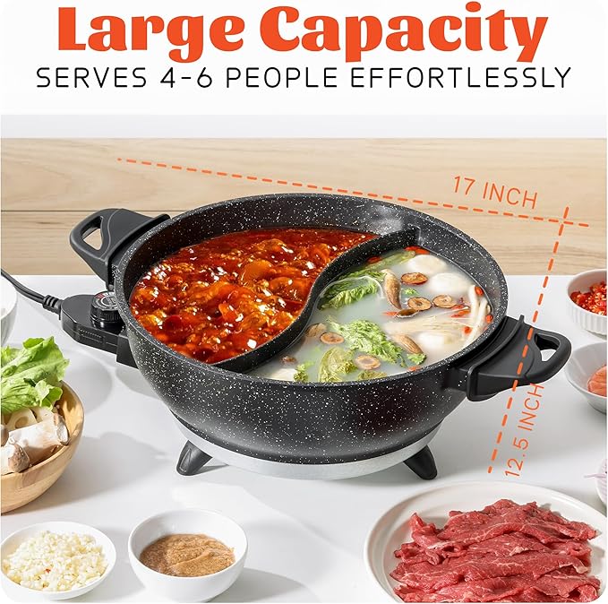 TWIN™ Electric Hot Pot with Divider | EvenHeat Cast Aluminum Non-Stick Pot for No-Spot Cooking | 1500W Fast Heating | Dual-Flavor Shabu Shabu Pot for Family Use | 1-Yr Warranty