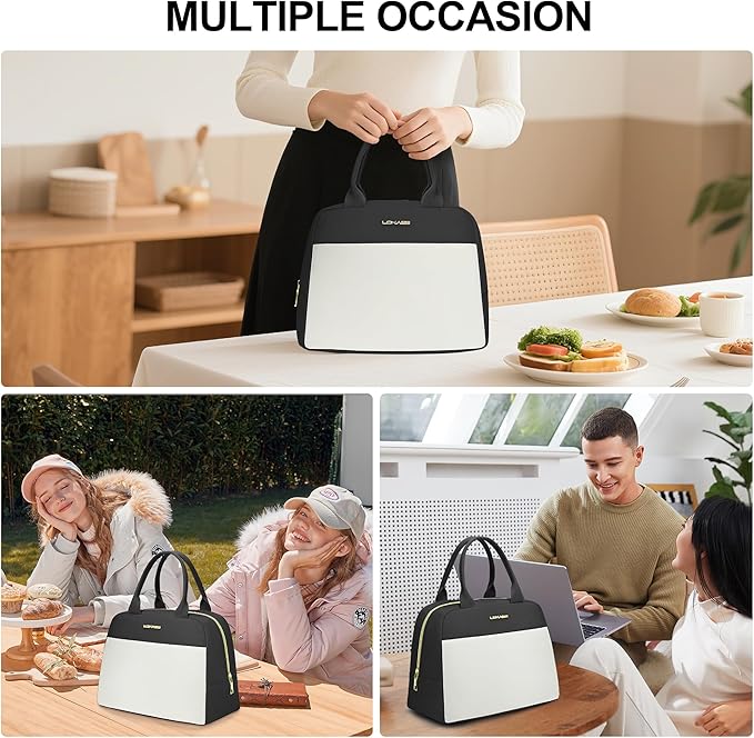 LOKASS Lunch Bag for Women-Insulated Adults Lunch Box with Front Pocket- Small Cute Lunch Tote for Work-Reusable Cooler Bag for Office Picnic Beach or Travel(Black)
