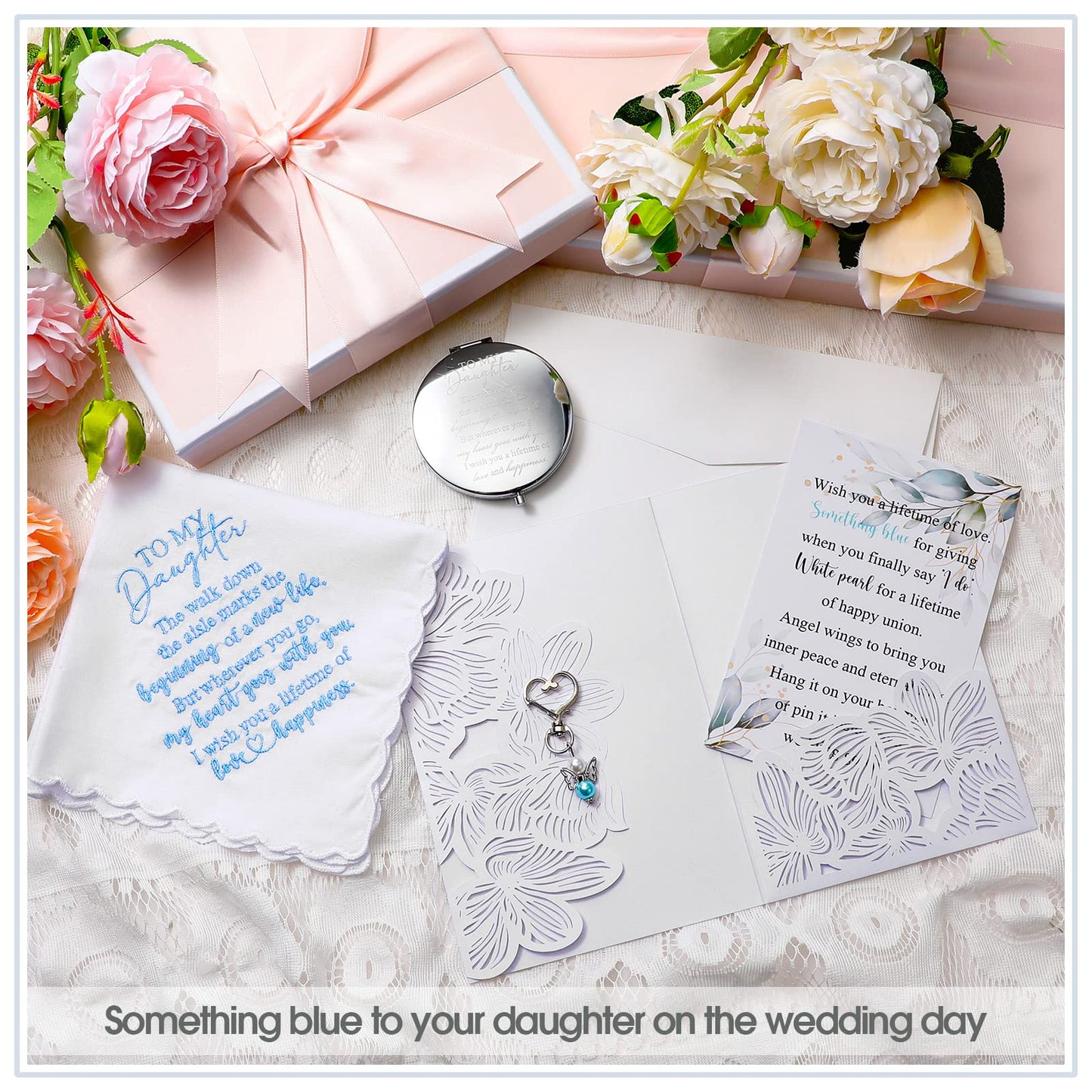 Unittype 5 Pcs Something Blue Gift for Bride Mother to Daughter Wedding Gifts, to My Daughter Handkerchief Blue Pearl Keychain C