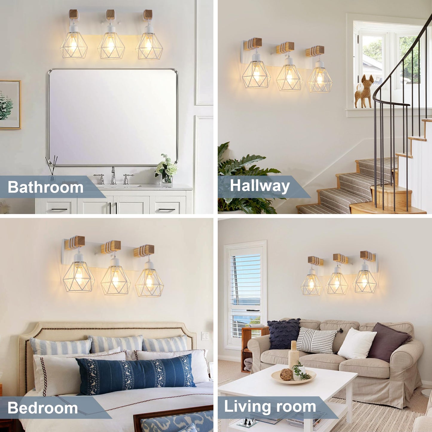 Farmhouse Vanity Light For Bathroom 3-Light White Wood Bathroom Vanity Light Fixtures Over Mirror Rustic Sconces Wall Lighting With Metal Lampshade For Living Room Bedroom Hallway