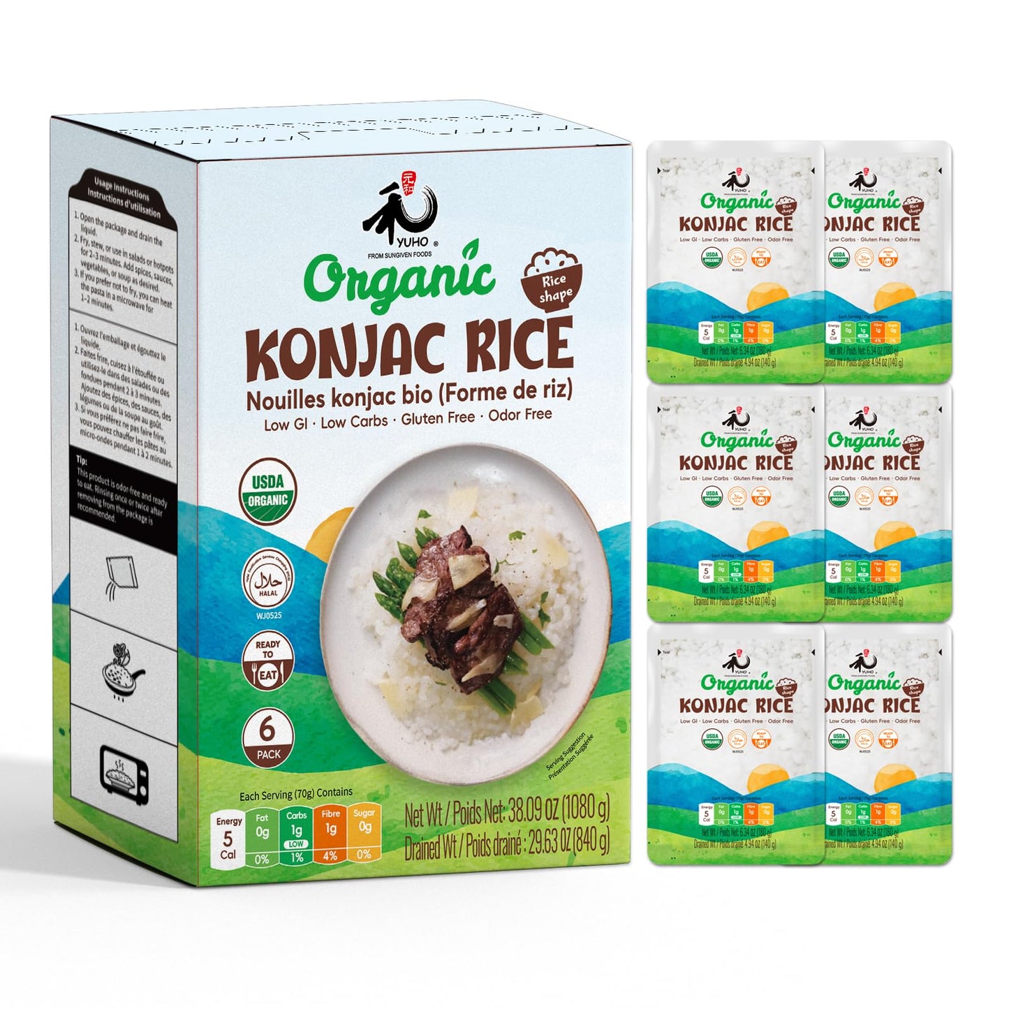 YUHO Organic Konjac Shirataki Rice, Low Carb Pasta 38.09 Oz (1080 g), USDA Organic Healthy Noodle (6 Pack Inside), Keto and Pale