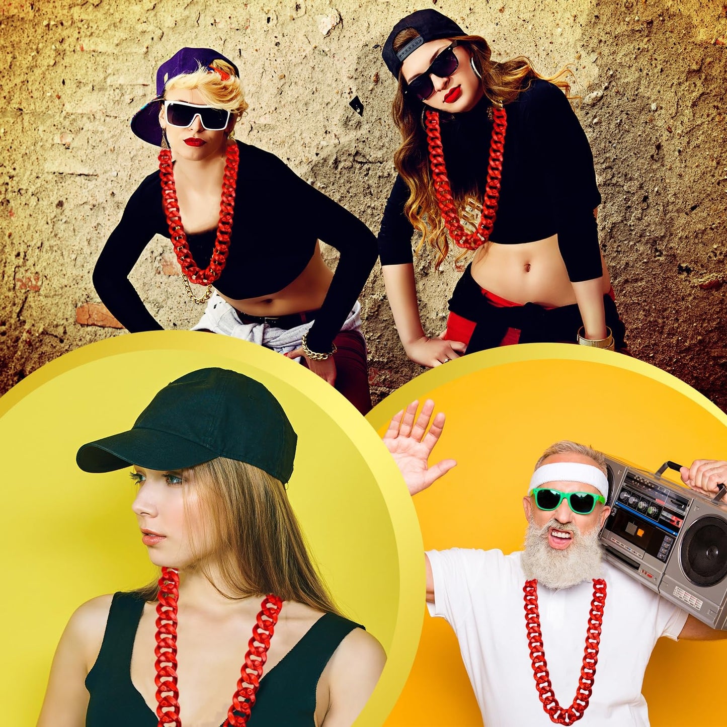 LCPQMZGH Plastic Hip Hop Chain Necklace, 80s 90s Costume Accessory, Men's Chunky Necklace, Big Chunky Gold Chain, 36, Red
