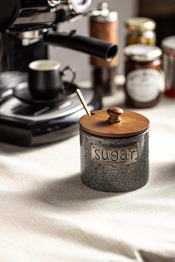 LYEOBOH Sugar Bowl with Lid and Spoon, Sugar Jar Porcelain Salt Bowl with Wood Lid and Stainless Steel Spoon,Ceramic Sugar Bowl 15oz Coffee Canister Kitchen Decor, Grey