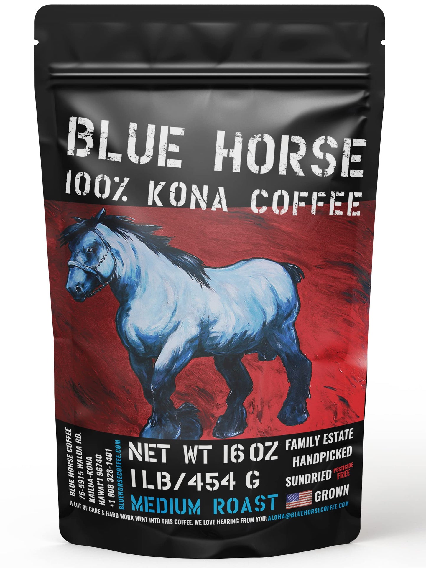 Blue Horse 100% Kona Coffee, Medium Roast, Arabica Whole Beans, 1 lb (16 oz) Bag, Farm Fresh, Authentic Hawaiian Coffee beans fr