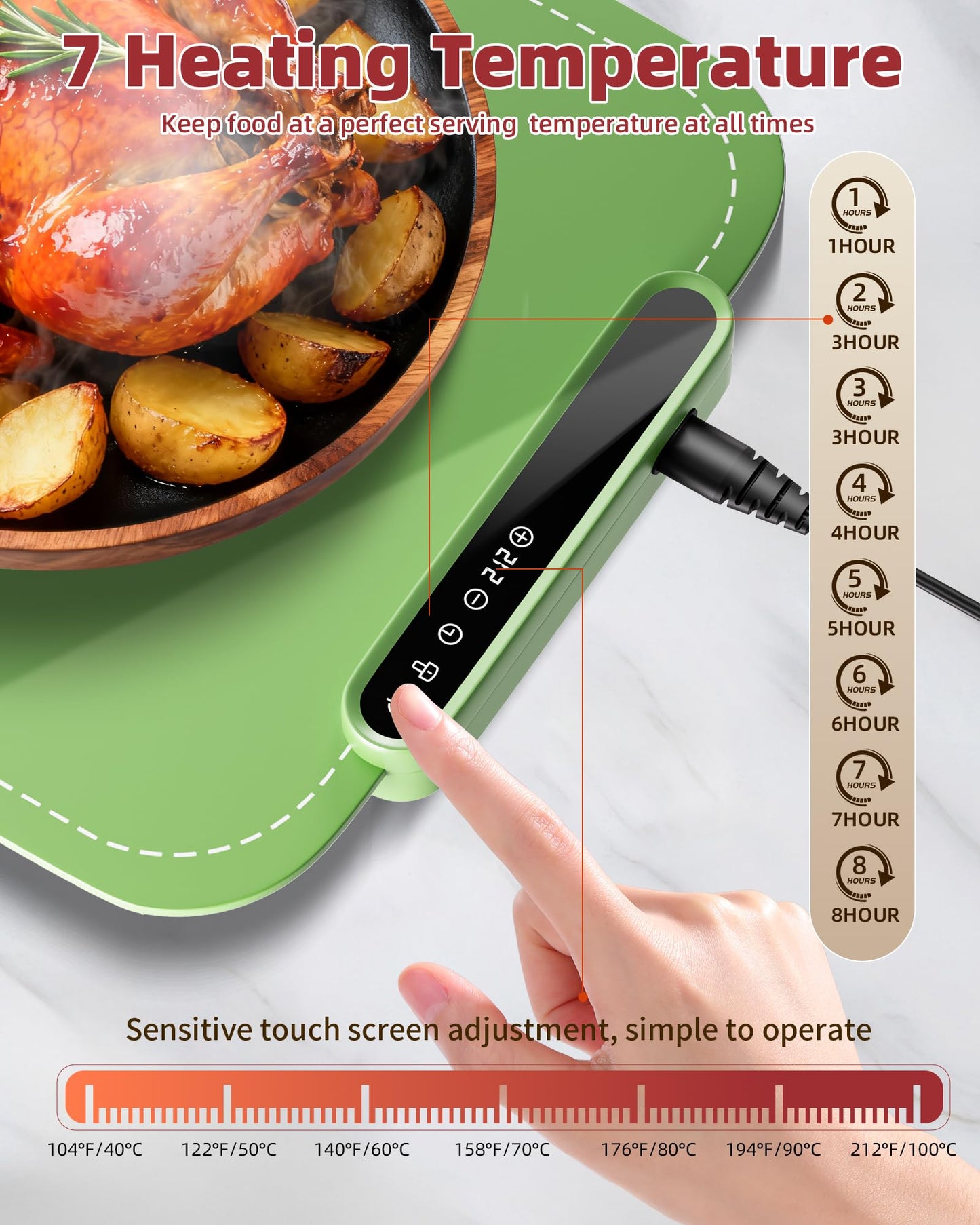 Warming Mat for Food, Upgraded Fast-Heating Electric Warming Tray with 7 Temp Levels & 8 Timers, Buffet Raised Feet & Rollable Silicone Heat Pad, Portable Food Warmer for Home, Party & Travel(Green)