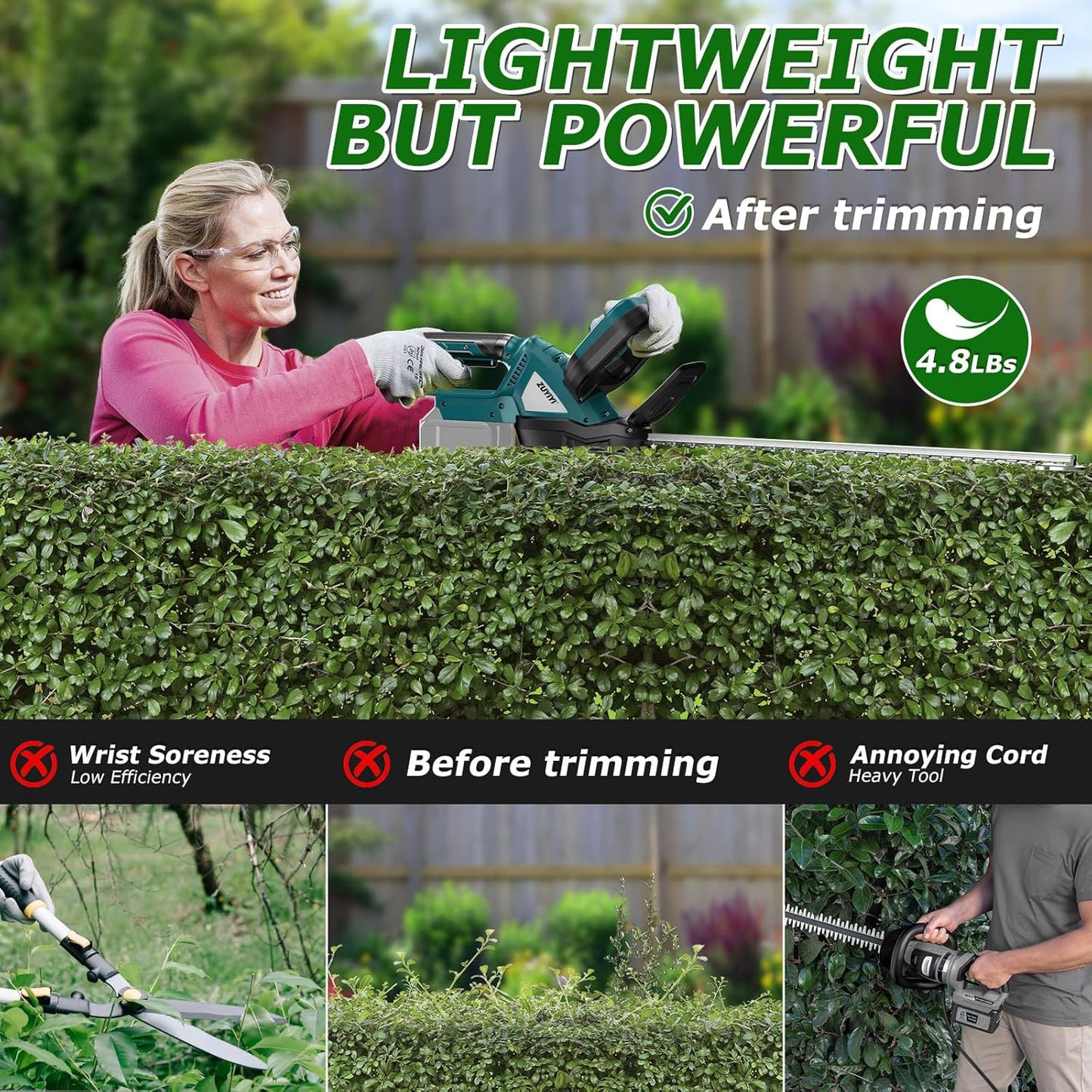Cordless Hedge Trimmer for Makita 18V Battery, Electric Bush Trimmer 22 Inches Dual-Action, 3/4" Cutting Capacity Handheld Shrub Pruning Trimmer for Garden, Grass, Lawn(NO Battery)