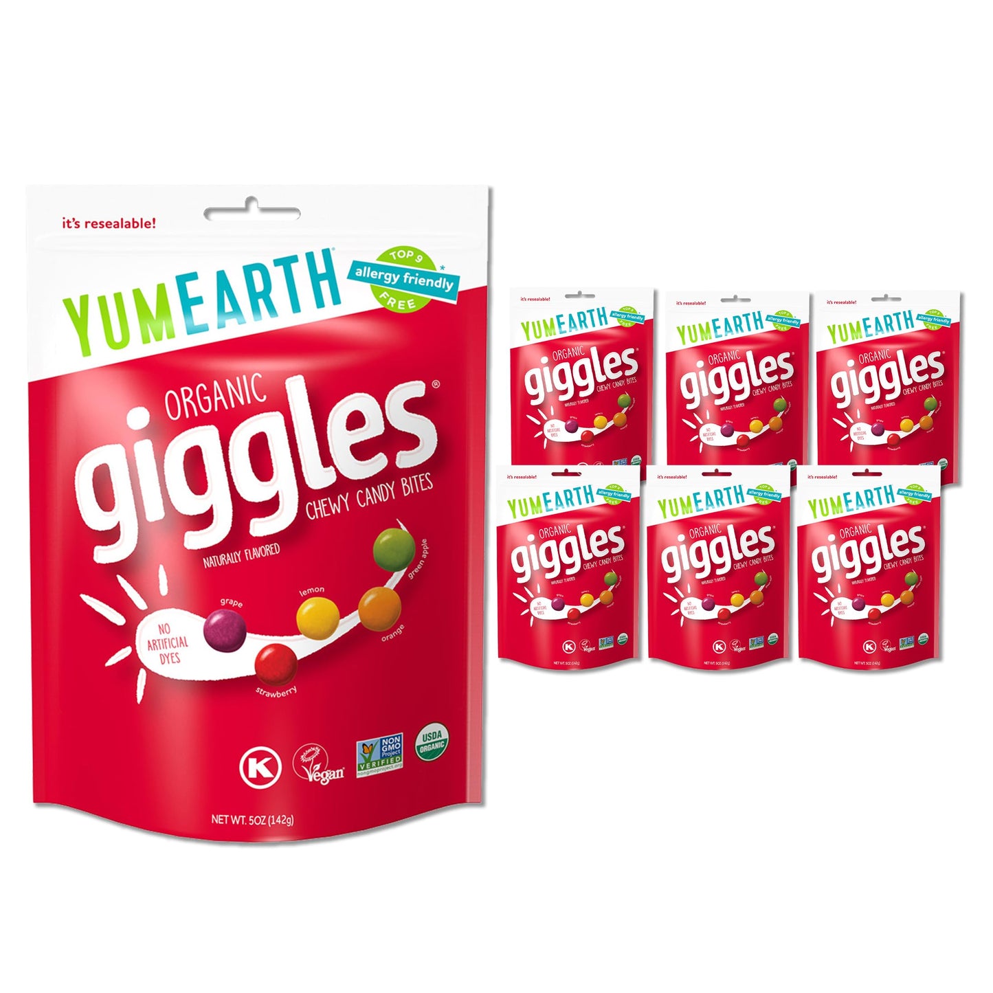 YumEarth Organic Giggles Chewy Candy - Allergy Friendly (Top 9 Free), No Artificial Dyes, Non GMO, Gluten Free, Vegan Candy Snac