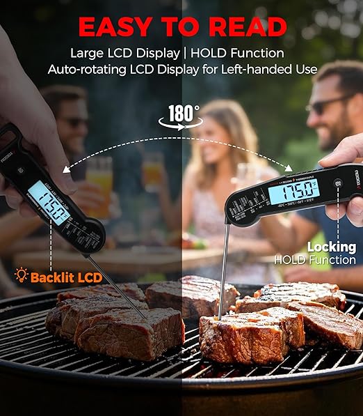 Professional Food & Meat Thermometer, 1 Sec Instant Read & ±0.5℉ Accuracy Driven by Thermocouple Sensor. IP67 Waterproof Digital Thermometer for Cooking, BBQ, Grill Gifts for Men Him Dad Birthday