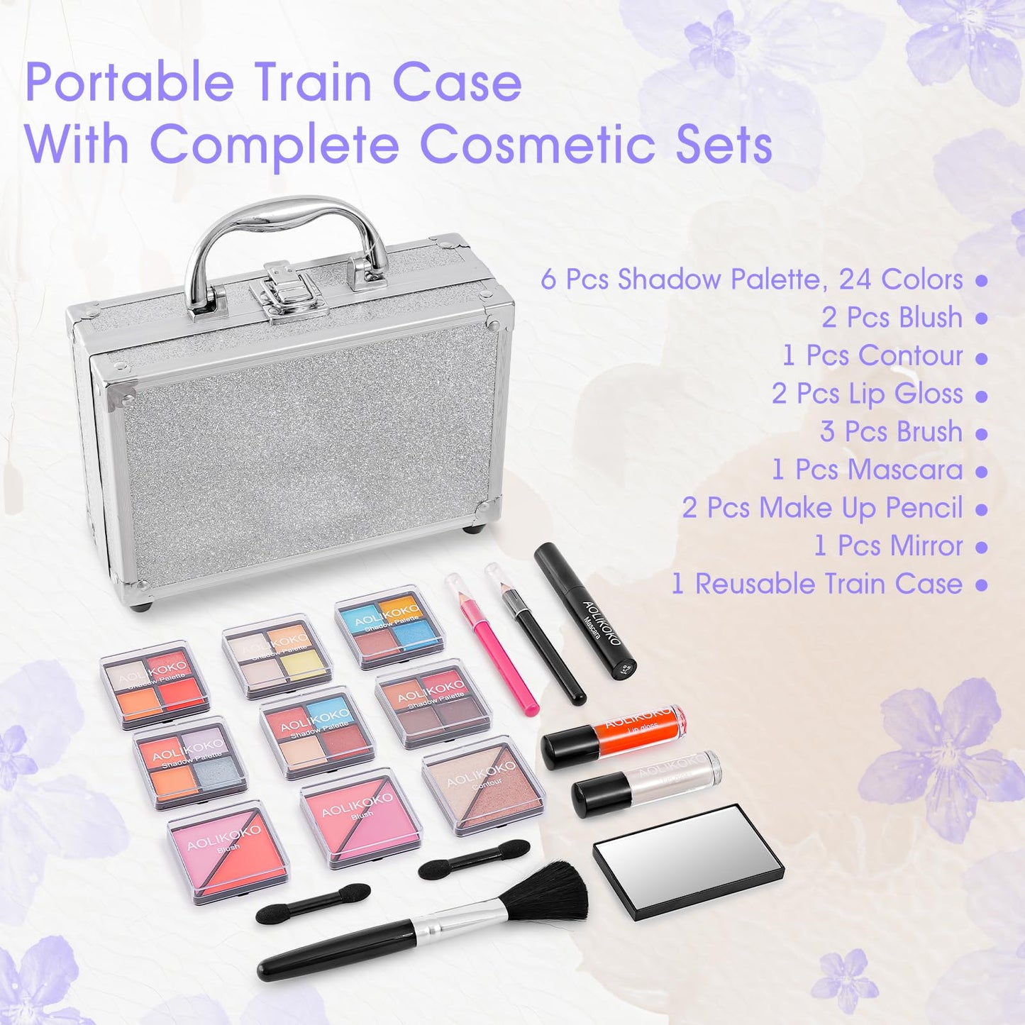 AOLIKOKO Makeup Kit for Teenager & Women Full Kit, All in One Makeup Set With The Small Cosmetic Train Case, Professional Makeup Kit, Makeup Gift Set for Women Girls (silver)