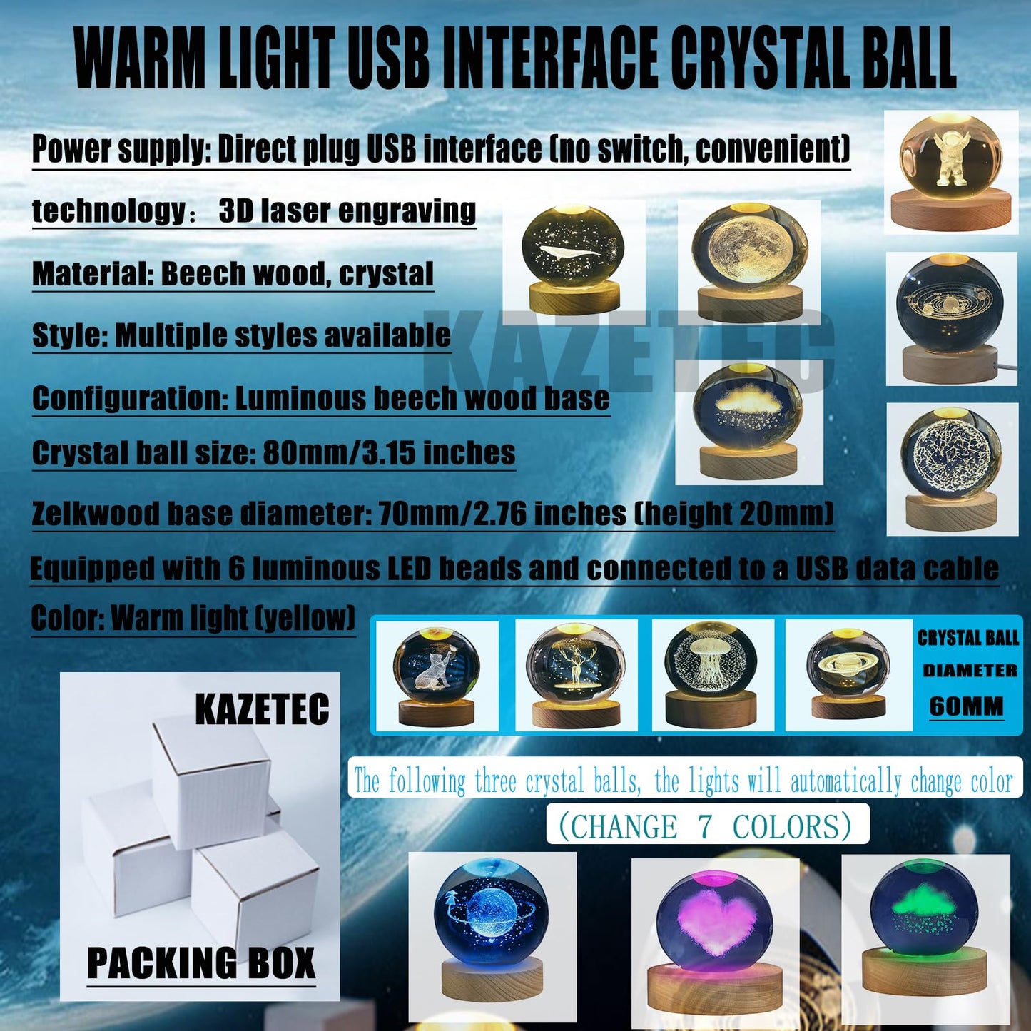 Kazetec Crystal Ball3.15 Inches(80Mm) Moon Crystal Ball Lamp 3D Large Crystal Ball Magical Decoration Warm Light With Woodern Base Nightlight Decolamp As A Birthday Gift For Teens