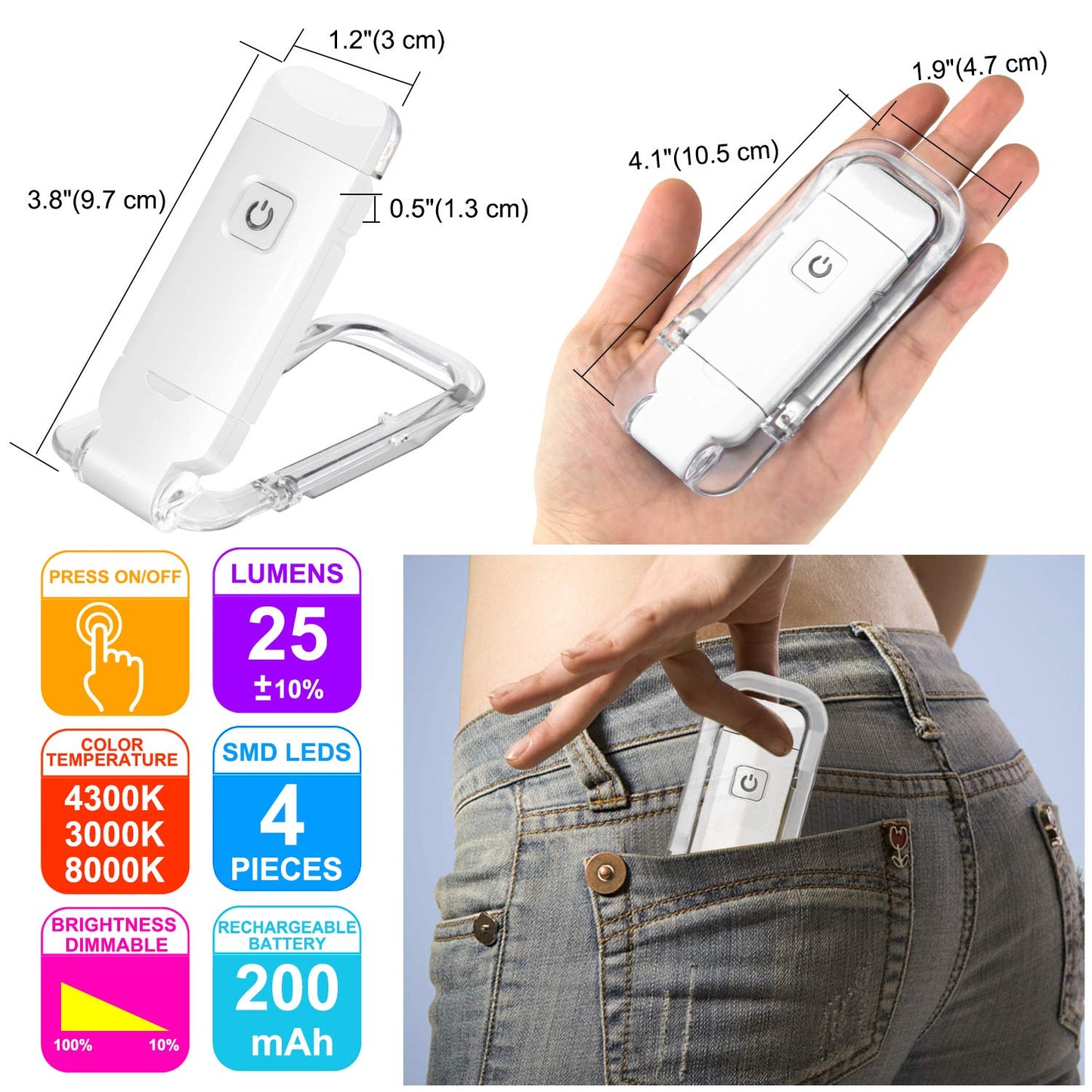 HONWELL Rechargeable Book Light, Clip On LED with 3 Brightness Levels, Portable Reading Lamp, White, Model H008YW-W