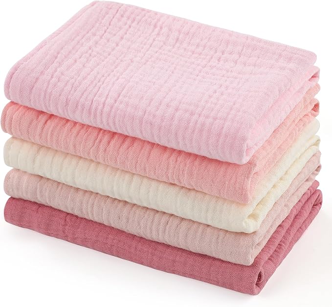 MUKIN Baby Washcloths,Muslin Burp Cloths Towels for Newborns,Absorbent Cotton Bath Face Towel ,5 Pack, 12x12 Inches (Rosy Embrace)