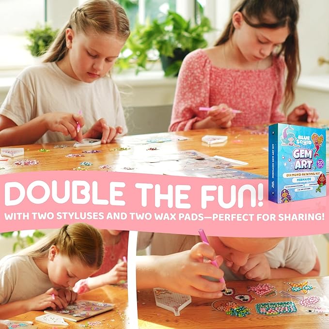 Blue Squid Diamond Art Kits for Kids ā Mermaid - Fun & Easy DIY 5D Gem Art Gift Set for Keychains, Stickers, Sun Catchers - Diamond Painting Kit Arts & Crafts Kit for Kids, Girls, Boys Ages 6-12