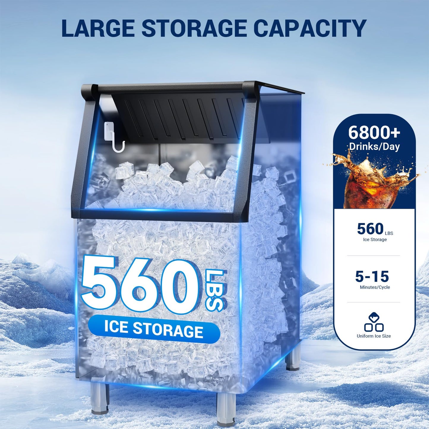 Commercial Ice Maker, 760 LBS/24h with 560 LBS Storage Bin, 156 Ice Cubes Ready in 5-15 min, Self Cleaning Stainless Steel Industrial Ice Machine for Bar Restaurant Cafe