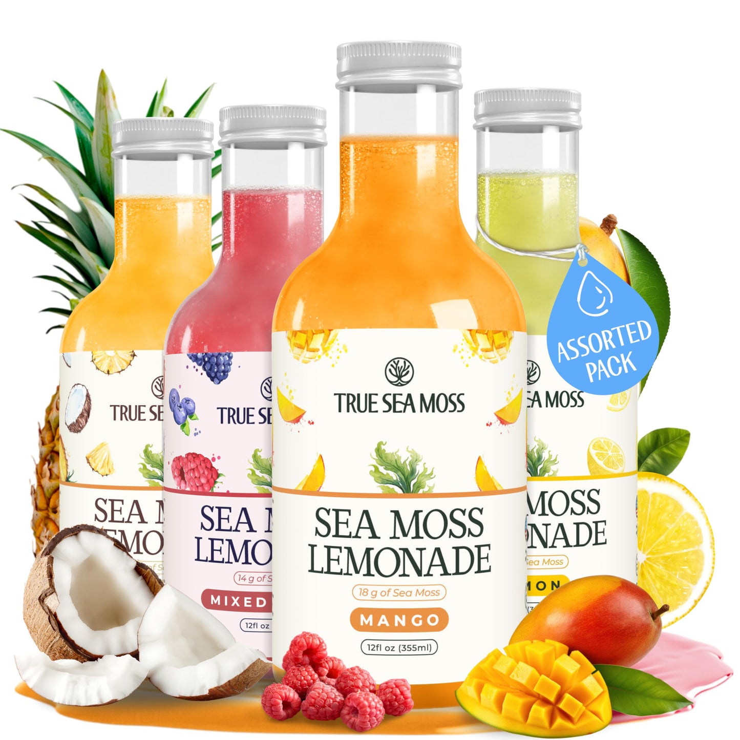 True Sea Moss Lemonade Variety Pack - 4 Flavors (Lemon Mango Berry Pina Colada) - Mix of Classic & Electrolyte Formulas - 4 ? 12 fl oz - Made in USA