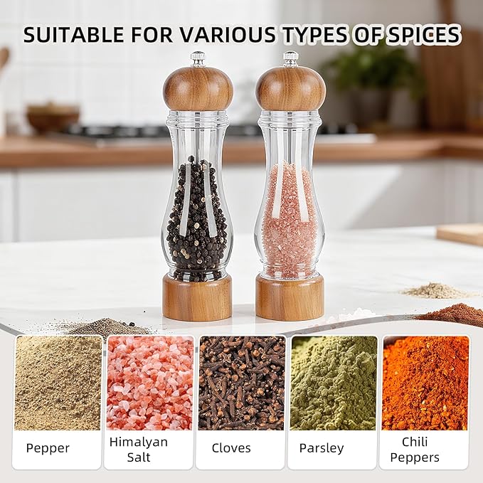 Acacia Wood & Acrylic Pepper Grinder, Wooden Pepper Mill with Adjustable Ceramic Grinder, Salt and Pepper Grinder Set for Kitchen & Dining, Durable Manual Salt Grinder