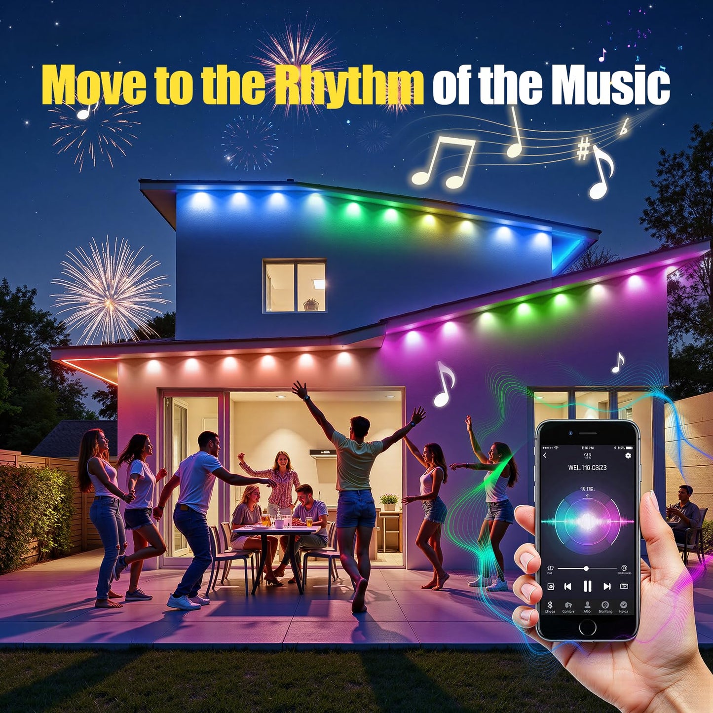 Yolsunes Permanent Outdoor Lights 150Ft Rgb+Ic Smart Led Eaves Lights Ip67 Waterproof Outdoor Lighting With App/Remote Control For Christmas Halloween Holiday Daily Party Ideal For House Roof