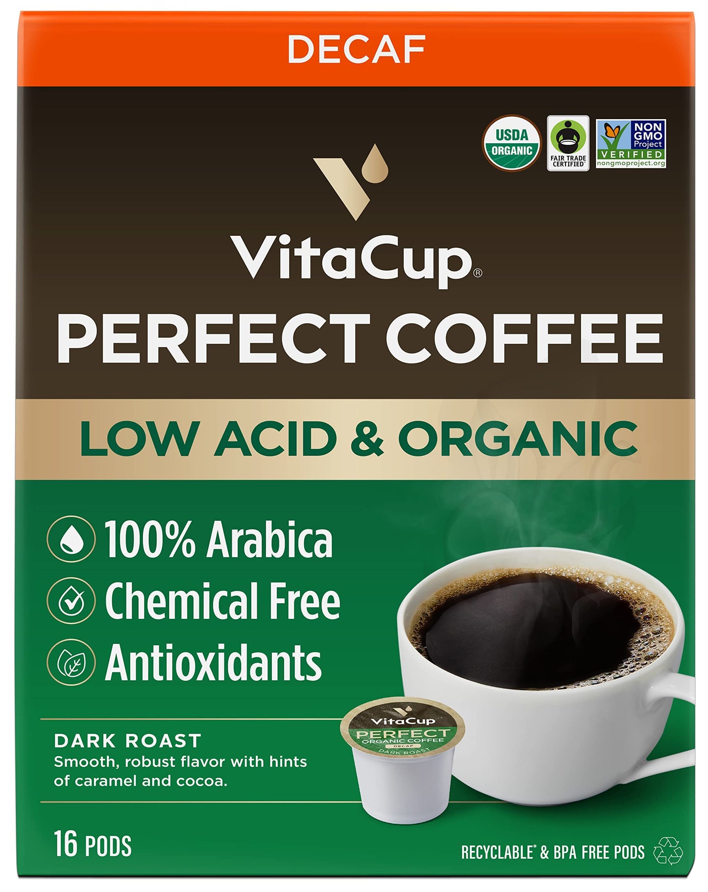 VitaCup Organic Perfect Dark Roast Decaf Coffee Pod for Pure & Clean Energy Antioxidants Low Acid Guatemala Single Origin in Recyclable Single Serve Pod compatible w/Keurig K-Cup malt-inspired 16CT