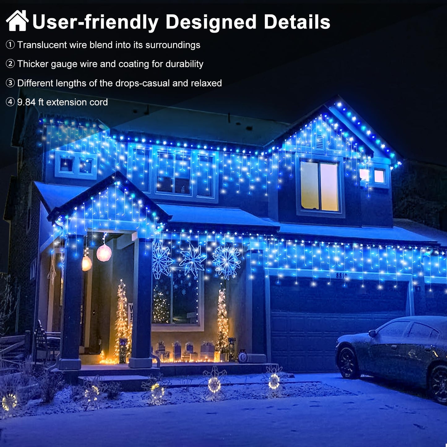 99Ft Blue And White Christmas Lights 1216 Led Icicle Lights For Outside House Clear Wire Twinkle Light With 8 Modes Timer Waterproof For Window Party Tree Holiday Patio Yard Home Decor