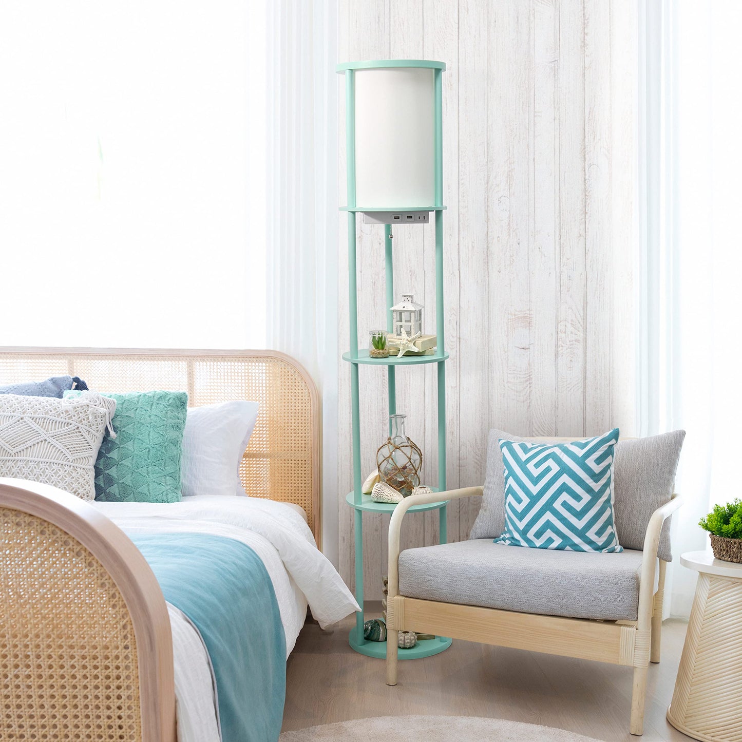 Simple Designs Round Shelf Etagere Floor Lamp with 2 USB Ports, Linen Shade, Aqua, 62.5in Tall, Model LF2010-AQU