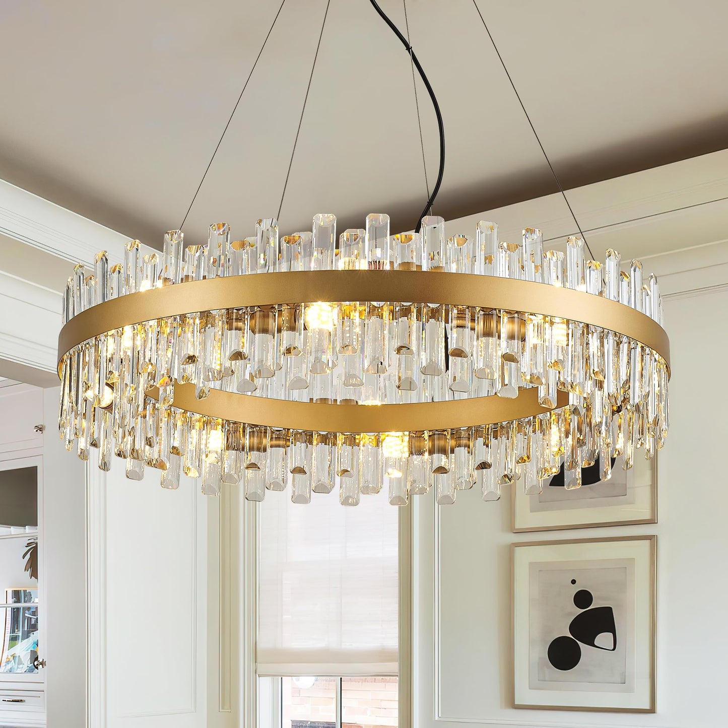 Lighceac 31.9 Gold Modern Crystal Chandelier Light Fixtures stylish 2 Rings Crystal Chandeliers For Dining Room 16-Light Round Hanging Pendant Lighting For Living Room Kitchen Island Entryway Bedroom