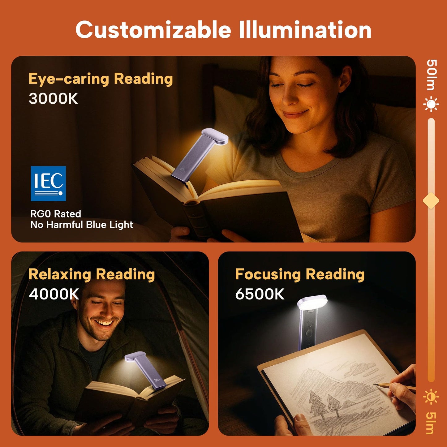 86lux Book Light USB Rechargeable LED Night Light with 3 Colors Dimming, Model OK25, Lavender