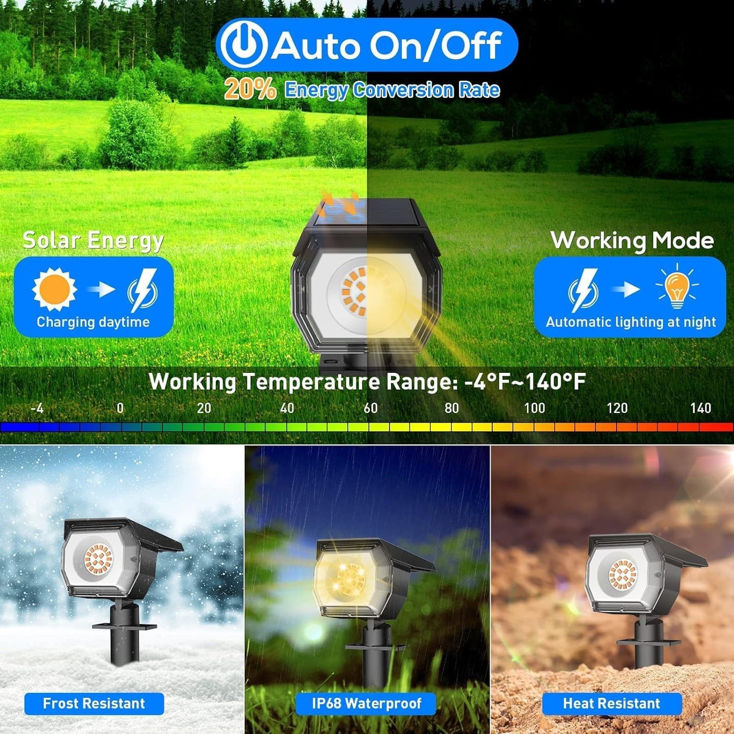 EIUIO Solar Spot Lights Outdoor, Warm White, 8-inch, Waterproof, 3 Lighting Modes, Model CDD-4