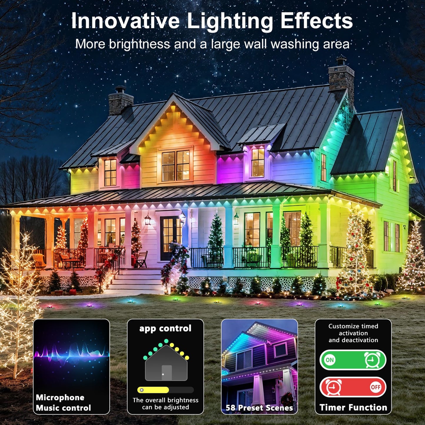 Rcuica 500Ft Permanent Outdoor Lights Waterproof With Smart App Control Remote Diy Scene Modes Music Sync Hronization Eaves Lights For Garden Decor Deck Christmas