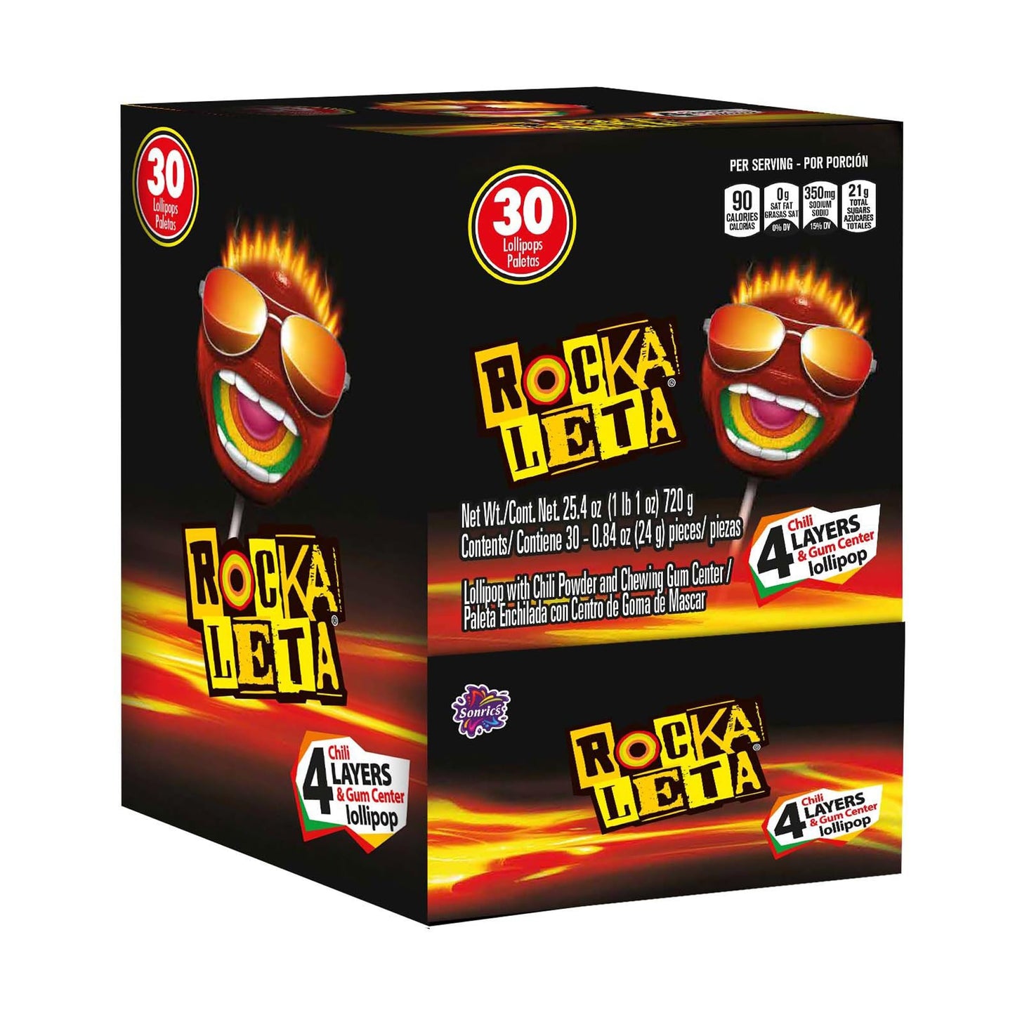 Sonrics Rockaleta Lollipop Chili Layered with Gum Center Spicy Sour Sweet Candy Lollipops 25.3 oz Dispenser Box (Pack of 8)