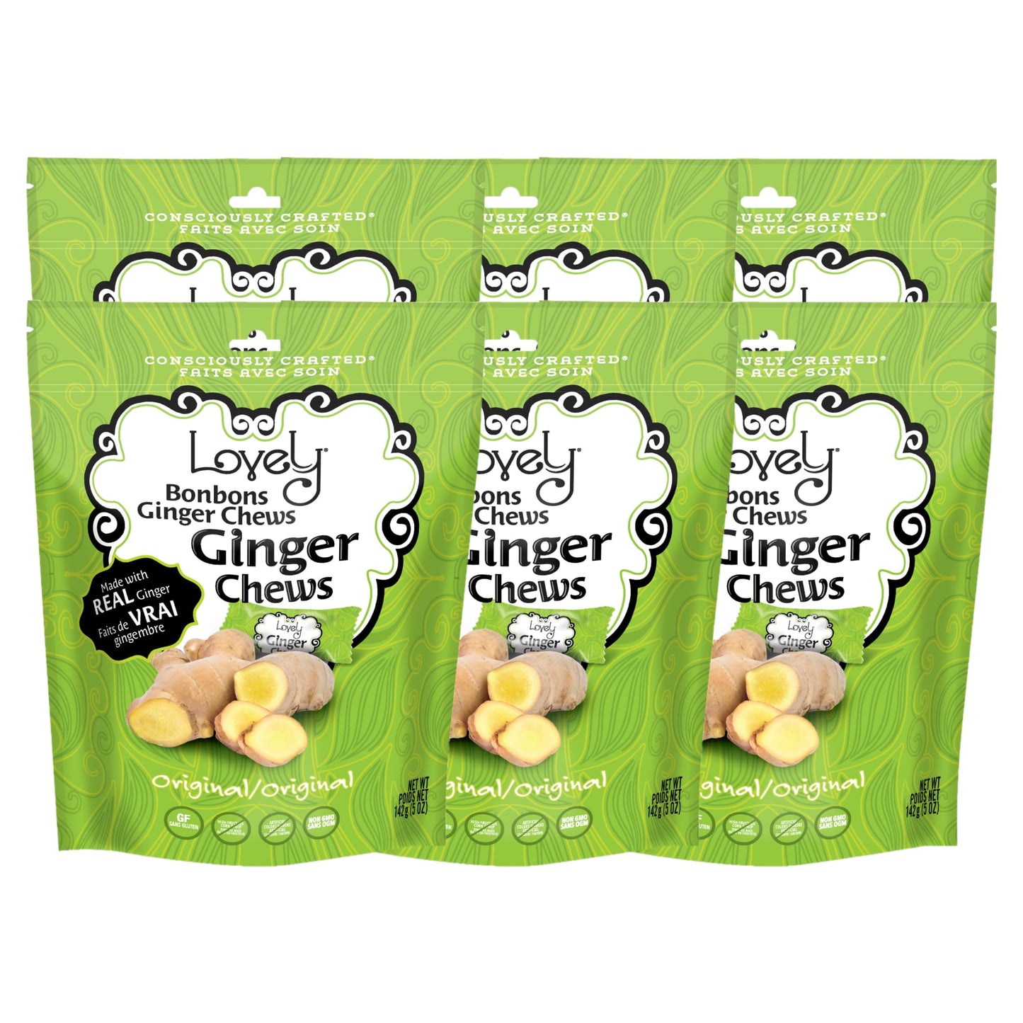 Lovely Candy Co. Original Ginger Chews, Made with Real Ginger, Individually Wrapped, 5oz (6-Pack) | Gluten-Free, Non-GMO, NO Art