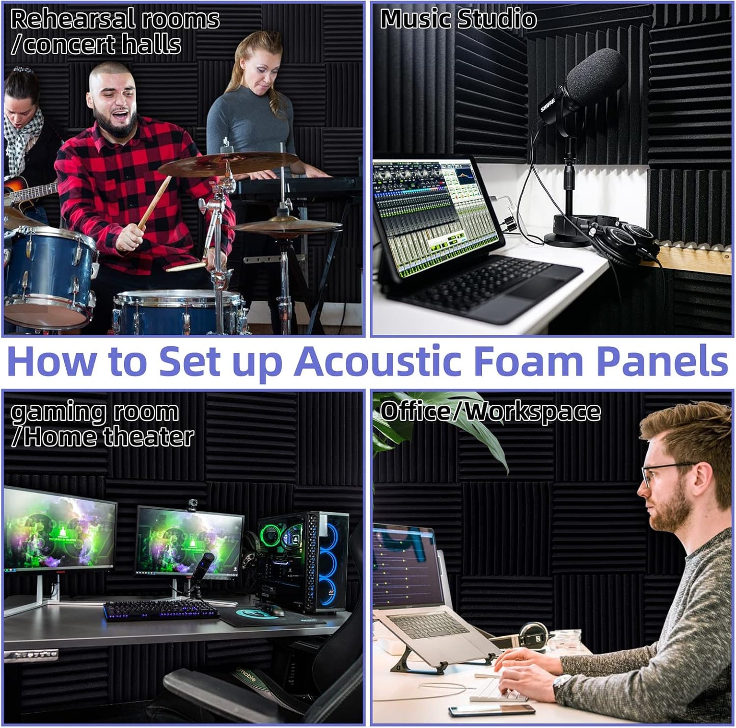 24 Pack Acoustic Panels, 1" X 12" X 12" Acoustic Foam Panels, Sound Proof Foam Panels, Self-Adhesive Soundproof Wall Panels ,Fire-Proofed Soundproofing Wedges,Acoustic Treatment Foams for Home-Black