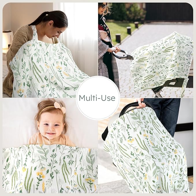 Yoofoss Muslin Nursing Cover for Breastfeeding, 100% Cotton Breastfeeding Cover with Arch Neckline, Soft Breathable Privacy Nursing Covers for Women, Multi-use Breastfeeding Essentials-Plants