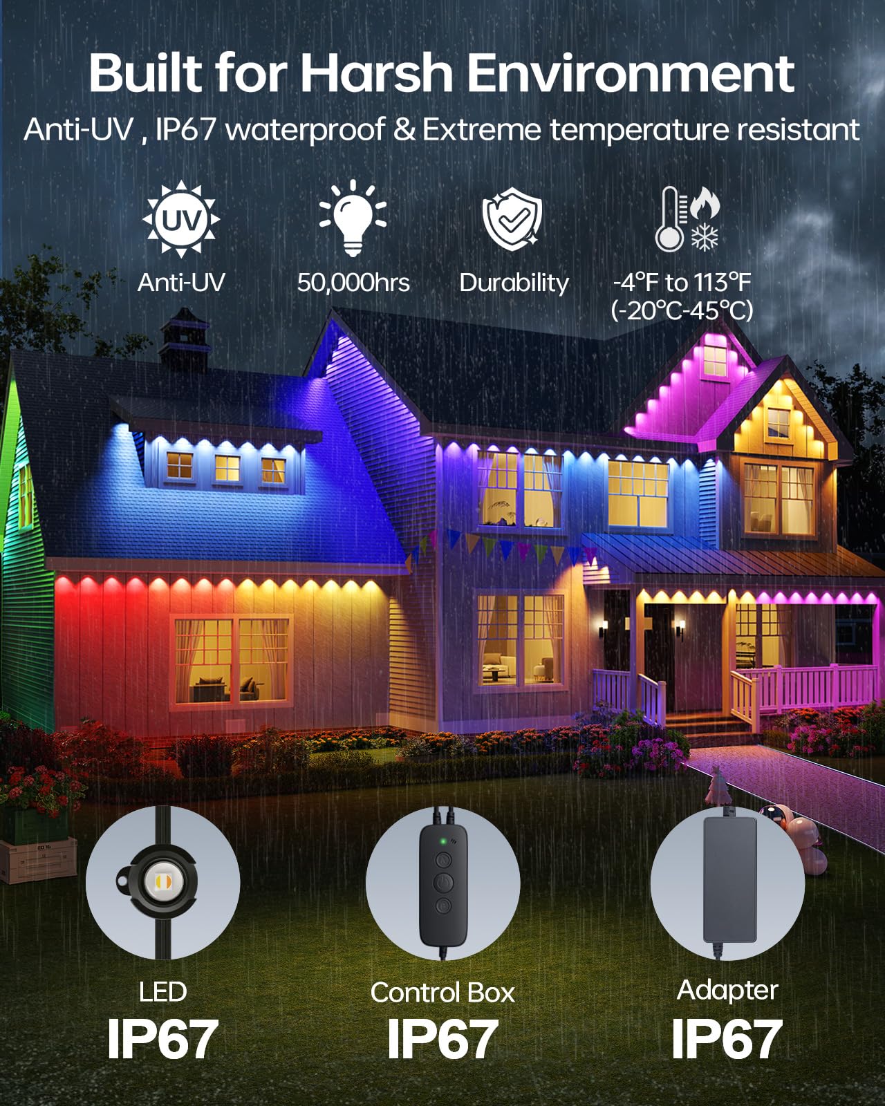 Asahom Ai Permanent Outdoor Lights S107B 100Ft With 72 Rgbcw Led Lights And Dual Output 30 000 Lighting Effect Combination Ip67 Waterproof For House Halloween Christmas And Daily Decoration Black