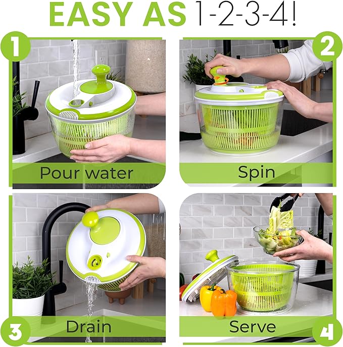 RTMAXCO Salad Spinner, 5L Large Capacity Lettuce Washer with Easy Spin Mechanism, BPA-Free Vegetable Dryer for Kitchen.