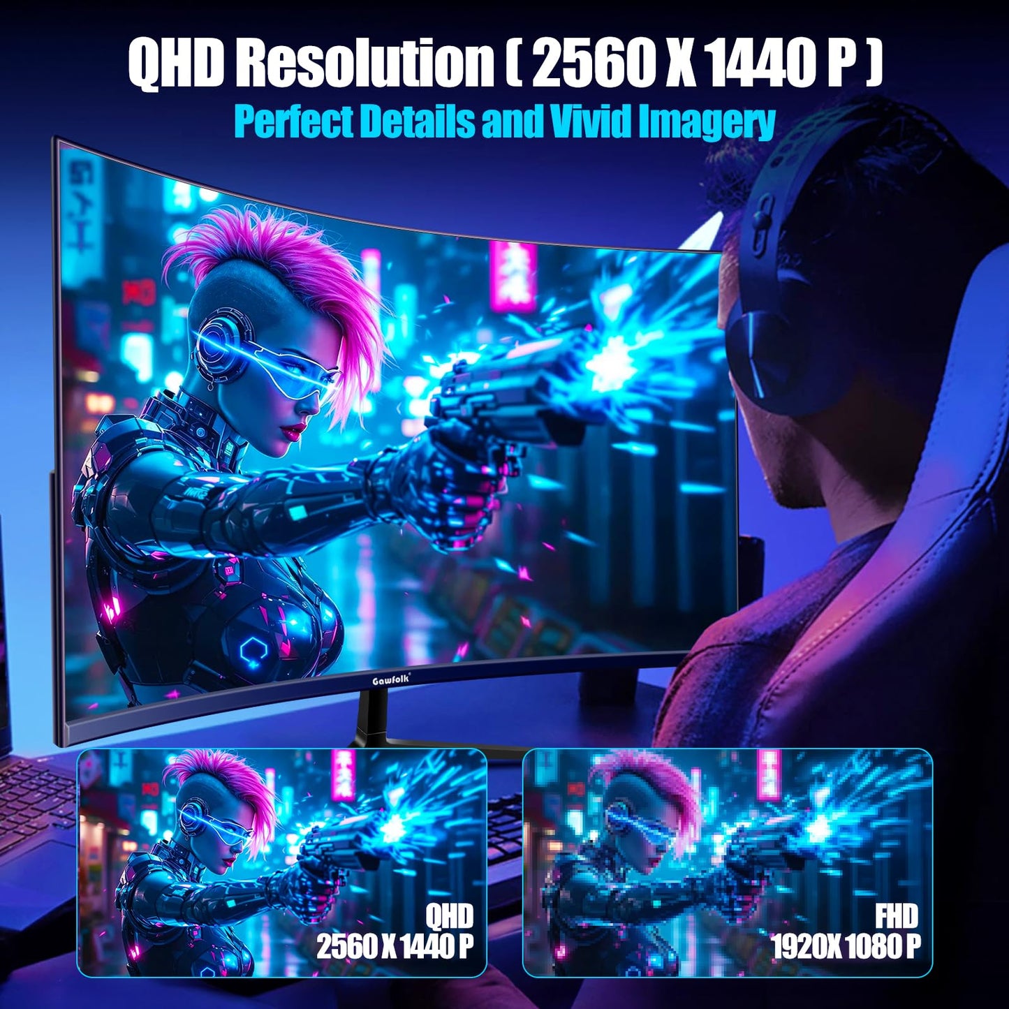 Gawfolk 27 Inch Gaming Curved Monitor, 180Hz QHD 2560x1440p PC Monitor with AMD FreeSync, Flicker-Free, HDMI 2.0, DP 1.4, Ultra-Thin Frameless 2K Computer Screen